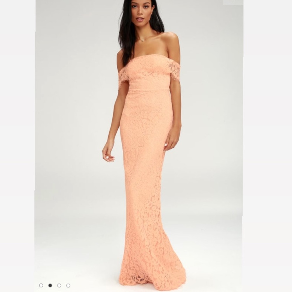 Lulu’s Blush Pink Lace Off-the-Shoulder maxi Dress